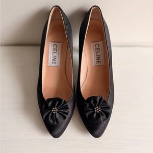 Celine Black Satin Pointed-Toe Flats with Rosette Accent